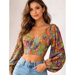 Live 4 Truth Boho Multicolor Abstract Print Balloon Sleeves Artsy Cropped Blouse